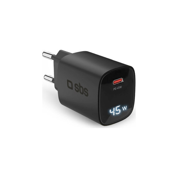 Cestovní adaptér LCD USB-C, GaN, 45 W PD, černá, SBS