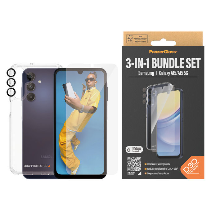 Bundle Hoops + Tvrzené sklo UWF + Hard Case D3O pro Samsung Galaxy A15/A15 5G, PanzerGlass