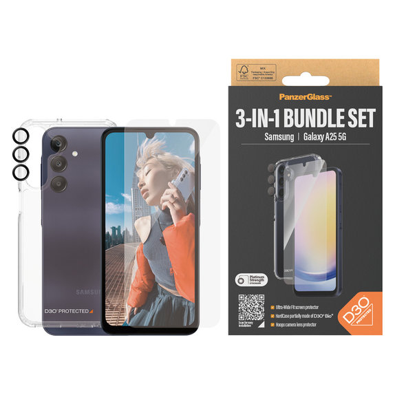 Bundle Hoops + Tvrzené sklo UWF + Hard Case D3O pro Samsung Galaxy A25 5G, Transparentní, PanzerGlass