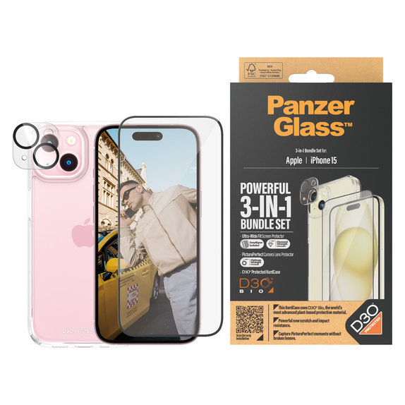 Bundle PicturePerfect + Tvrzené sklo UWF + Hard Case D3O pro iPhone 15, PanzerGlass