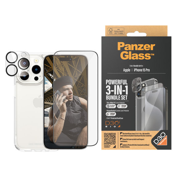 Bundle PicturePerfect + Tvrzené sklo UWF + Hard Case D3O pro iPhone 15 Pro, PanzerGlass