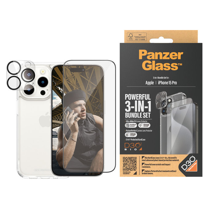 Bundle PicturePerfect + Tvrzené sklo UWF + Hard Case D3O pro iPhone 15 Pro, PanzerGlass