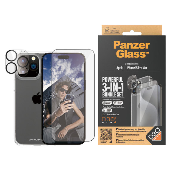 Bundle PicturePerfect + Tvrzené sklo UWF + Hard Case D3O pro iPhone 15 Pro Max, PanzerGlass