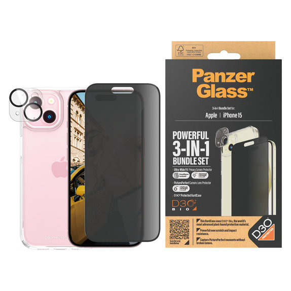 Bundle PicturePerfect + Tvrzené sklo UWF Privacy + Hard Case D3O pro iPhone 15, PanzerGlass
