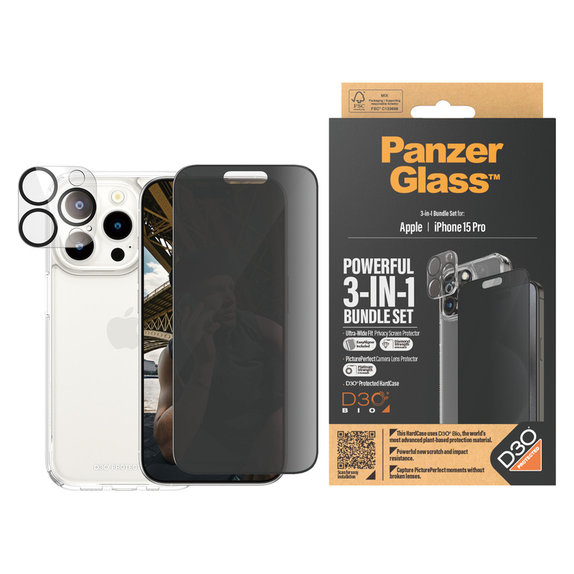 Bundle PicturePerfect + Tvrzené sklo UWF Privacy + Hard Case D3O pro iPhone 15 Pro, PanzerGlass