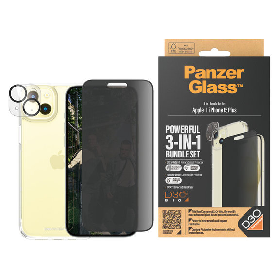 Bundle PicturePerfect + Tvrzené sklo UWF Privacy + Hard Case D3O pro iPhone 15 Plus, PanzerGlass