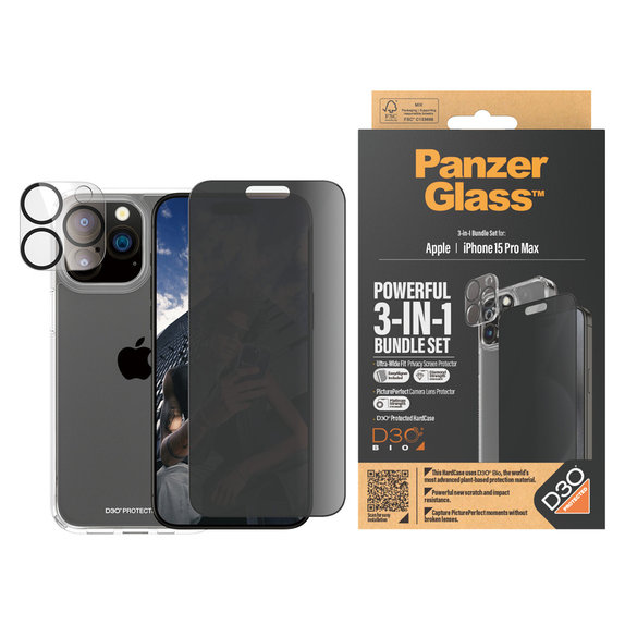 Bundle PicturePerfect + Tvrzené sklo UWF Privacy + Hard Case D3O pro iPhone 15 Pro Max, PanzerGlass