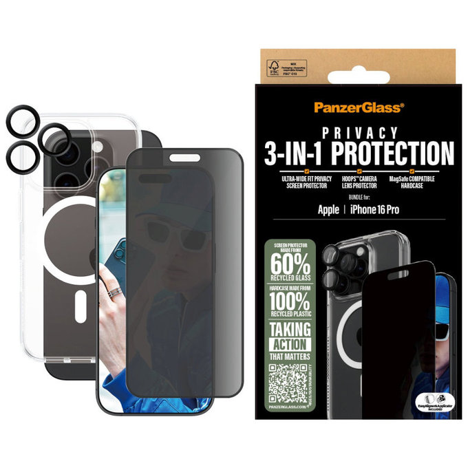Bundle Hoops + Tvrzené sklo UWF Privacy + Hard Case pro iPhone 16 Pro, PanzerGlass