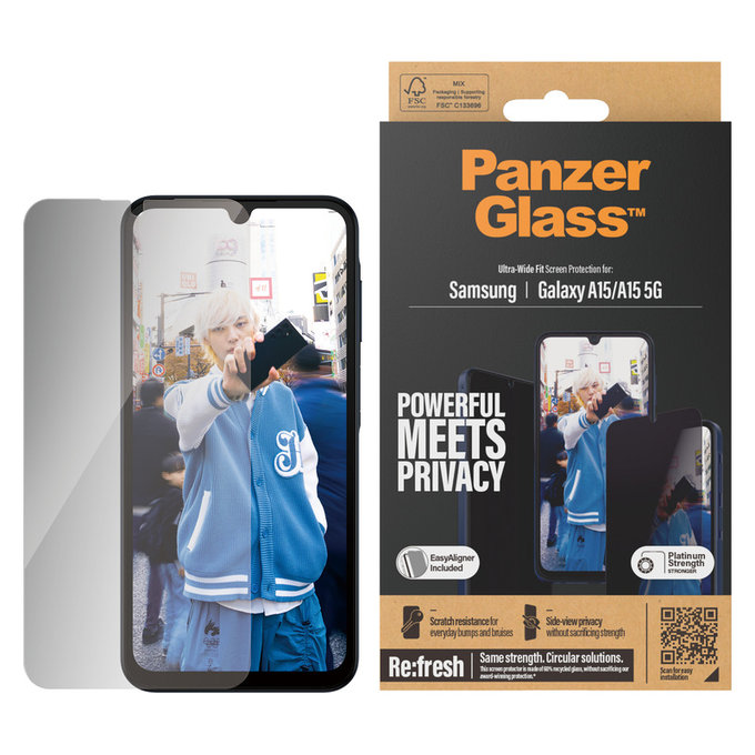 Tvrzené sklo UWF Privacy s aplikátorem pro Samsung Galaxy A15/A15 5G, Černá, PanzerGlass