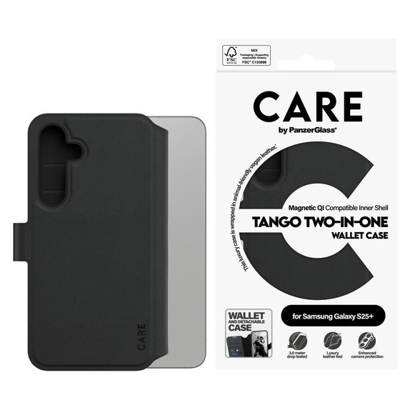 Pouzdro Wallet Tango Two-In-One s QI pro Samsung Galaxy S25+, Černá, PanzerGlass
