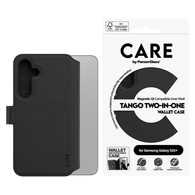 Pouzdro Wallet Tango Two-In-One s QI pro Samsung Galaxy S25+, Černá, PanzerGlass