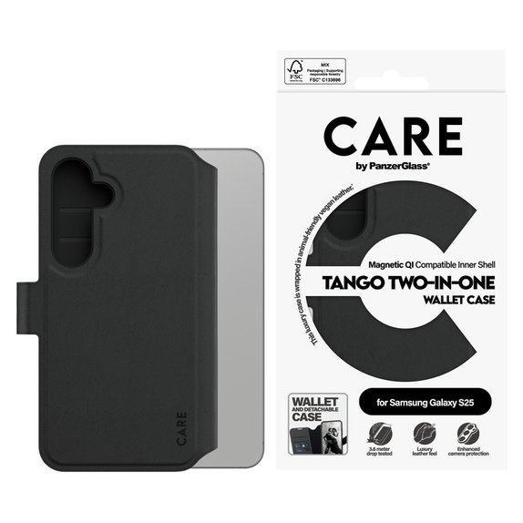 Pouzdro Wallet Tango Two-In-One s QI pro Samsung Galaxy S25, Černá, PanzerGlass