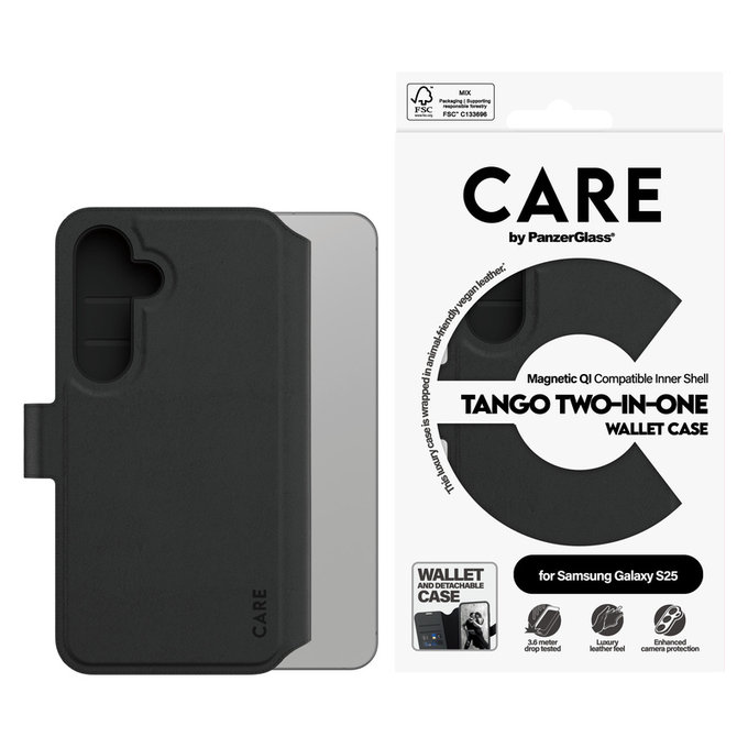 Pouzdro Wallet Tango Two-In-One s QI pro Samsung Galaxy S25, Černá, PanzerGlass