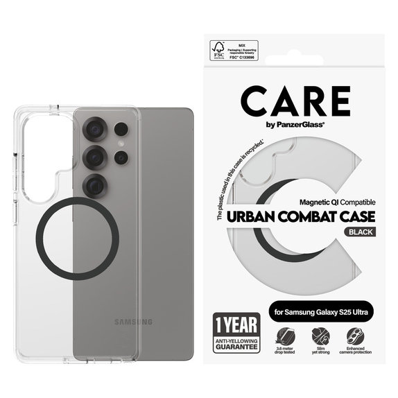 Pouzdro Urban Combat s černým QI pro Samsung Galaxy S25 Ultra, Transparentní, PanzerGlass