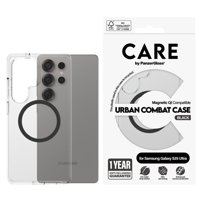 Pouzdro Urban Combat s černým QI pro Samsung Galaxy S25 Ultra, Transparentní, PanzerGlass