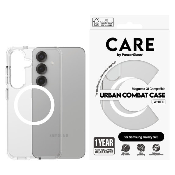 Pouzdro Urban Combat s bílým QI pro Samsung Galaxy S25, Transparentní, PanzerGlass