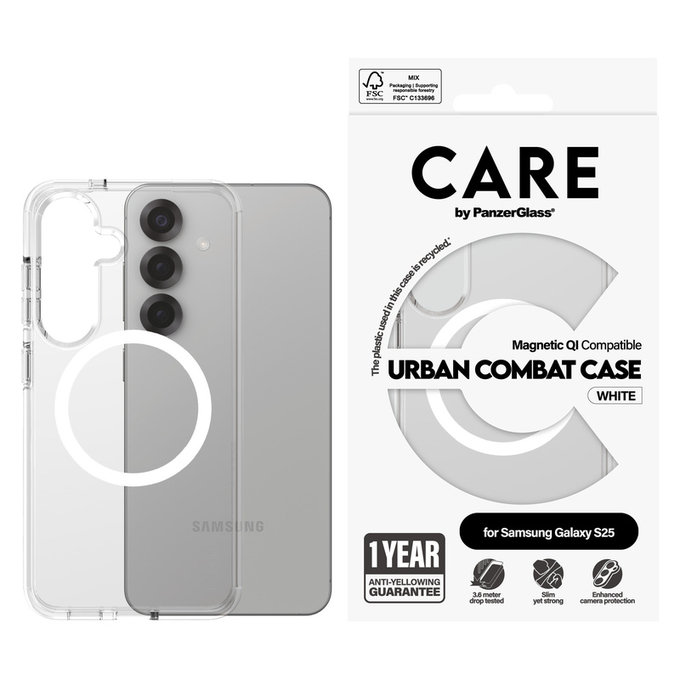 Pouzdro Urban Combat s bílým QI pro Samsung Galaxy S25, Transparentní, PanzerGlass