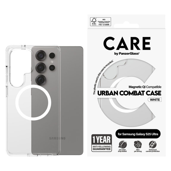Pouzdro Urban Combat s bílým QI pro Samsung Galaxy S25 Ultra, Transparentní, PanzerGlass