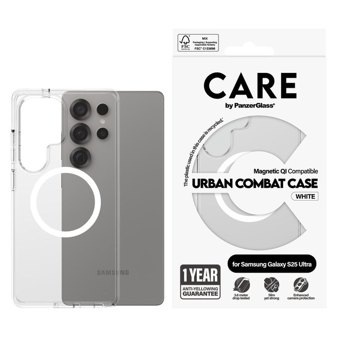 Pouzdro Urban Combat s bílým QI pro Samsung Galaxy S25 Ultra, Transparentní, PanzerGlass