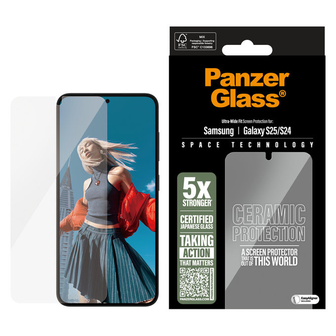 Tvrzené sklo UWF Ceramic s aplikátorem pro Samsung Galaxy S25, Čirá, PanzerGlass