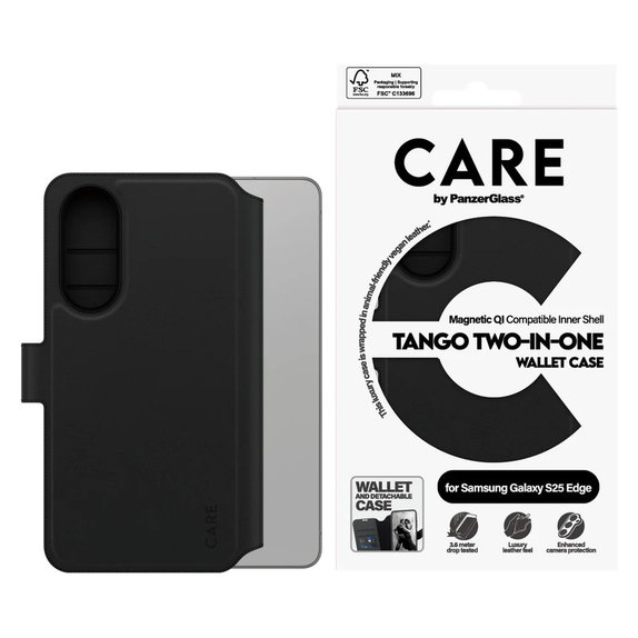 Pouzdro Wallet Tango Two-In-One s QI pro Samsung Galaxy S25 Edge, Černá, PanzerGlass