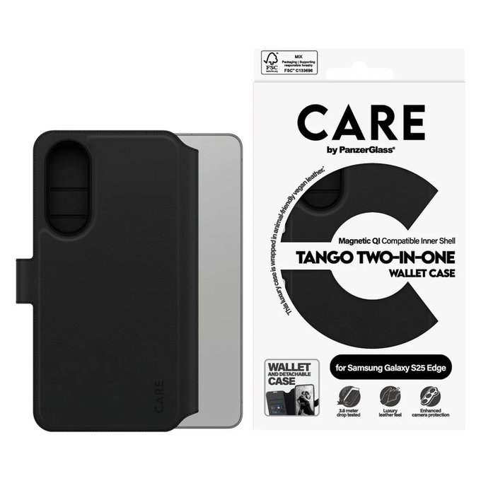 Pouzdro Wallet Tango Two-In-One s QI pro Samsung Galaxy S25 Edge, Černá, PanzerGlass