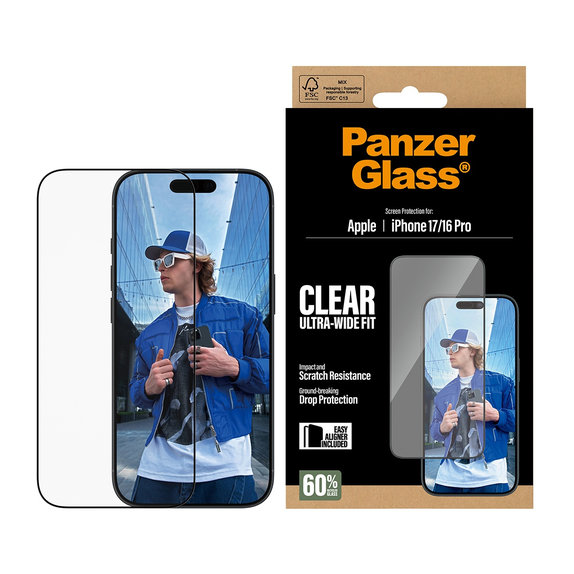 Tvrzené sklo UWF s aplikátorem pro iPhone 17/16 Pro, Černá, PanzerGlass