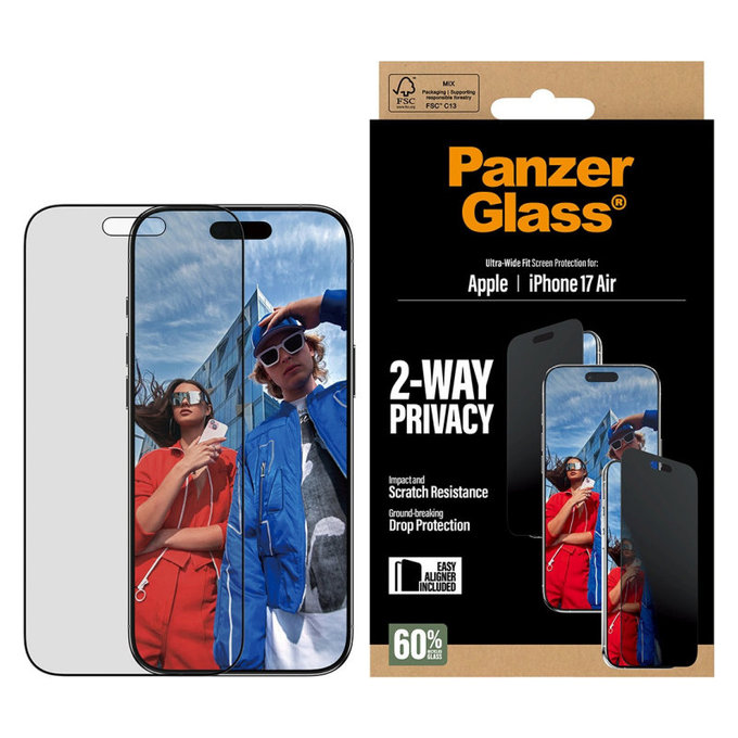 Tvrzené sklo UWF 2-Way Privacy s aplikátorem pro iPhone 17 Air, Černá, PanzerGlass