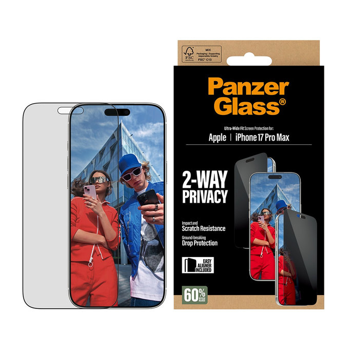 Tvrzené sklo UWF 2-Way Privacy s Fastfit pro iPhone 17 Pro Max, Černá, PanzerGlass