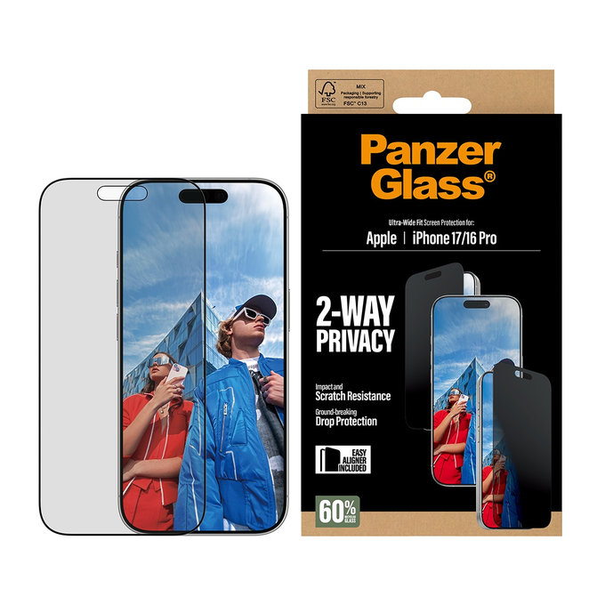 Tvrzené sklo UWF 2-Way Privacy s Fastfit pro iPhone 17/16 Pro, Černá, PanzerGlass