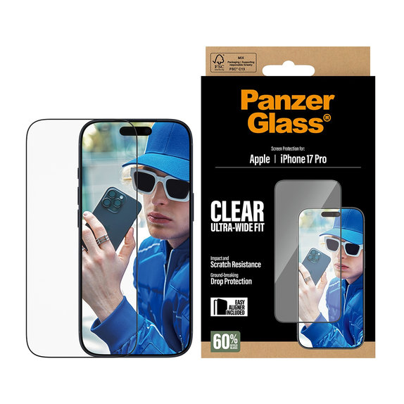 Tvrzené sklo UWF s aplikátorem pro iPhone 17 Pro, Černá, PanzerGlass