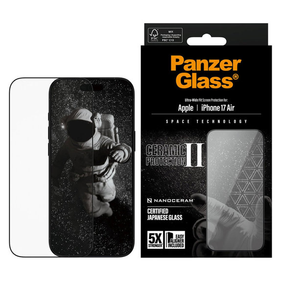 Tvrzené sklo UWF Ceramic II s aplikátorem pro iPhone 17 Air, Černá, PanzerGlass