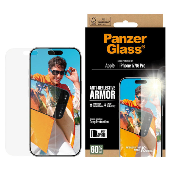 Tvrzené sklo Anti-Reflective s aplikátorem pro iPhone 17/16 Pro, Černá, PanzerGlass