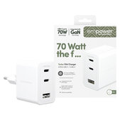 Cestovní adaptér Grand Prix 2x USB-C/USB-A, GaN, 70 W PD, Stříbrnobílá, empower