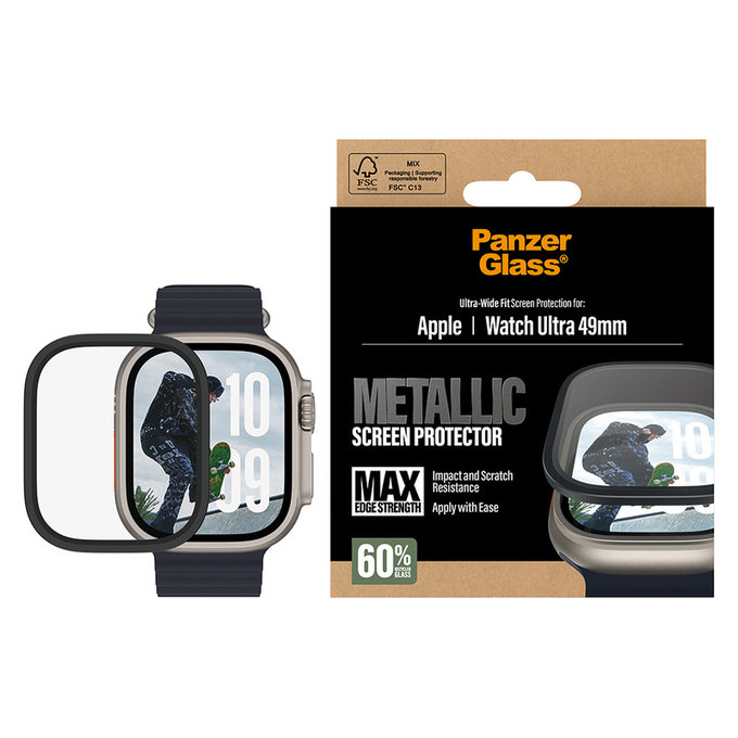 Tvrzené sklo UWF METALLIC pro Apple Watch Ultra 49 mm, Černá, PanzerGlass