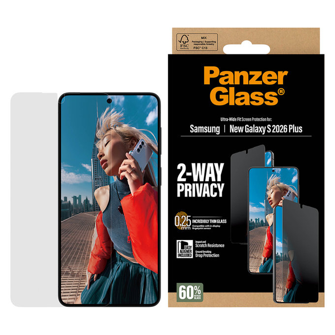 Tvrzené sklo UWF 2-Way Privacy s aplikátorem pro Samsung Galaxy S26+, Čirá, PanzerGlass