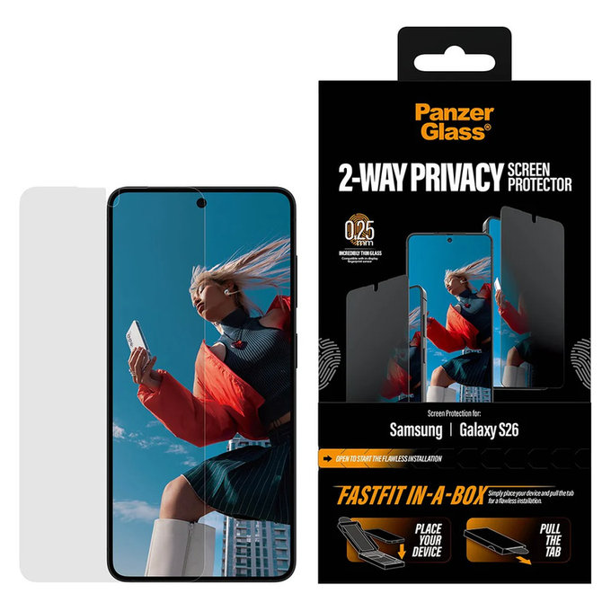 Tvrzené sklo UWF 2-Way Privacy s Fastfit In-A-Box pro Samsung Galaxy S26, Čirá, PanzerGlass