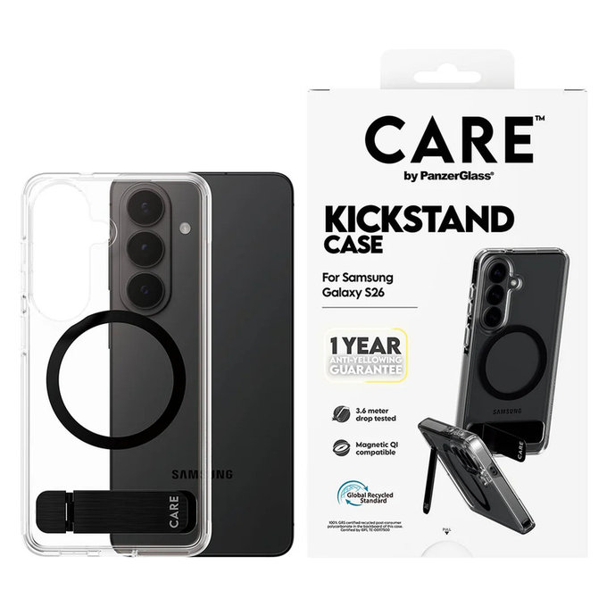 Pouzdro Kickstand s černým QI pro Samsung Galaxy S26, Transparentní, PanzerGlass