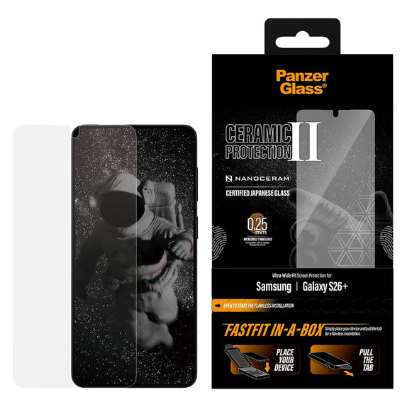 Tvrzené sklo UWF Ceramic s Fastfit In-A-Box pro Samsung Galaxy S26+, Čirá, PanzerGlass