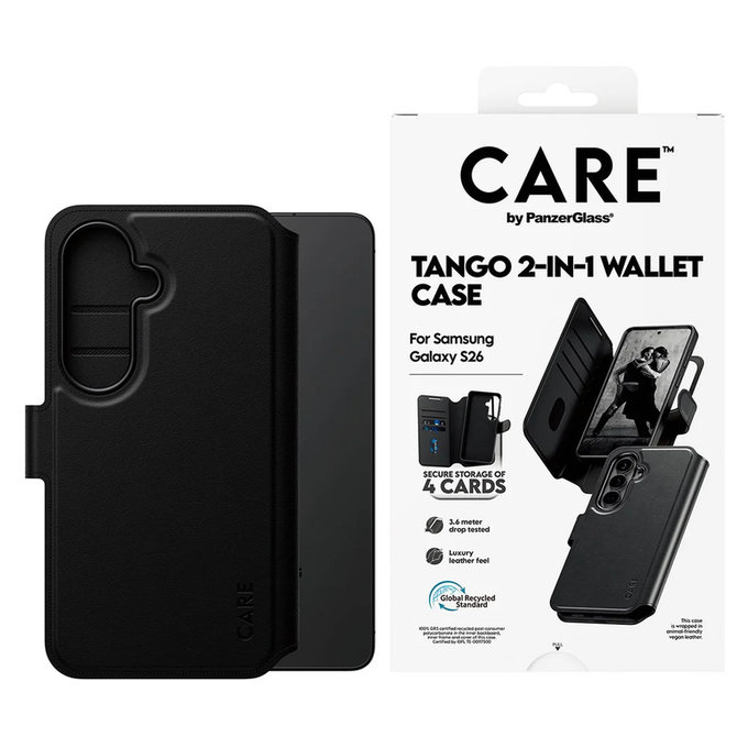 Pouzdro Tango Wallet Two-In-One s QI pro Samsung Galaxy S26, Černá, PanzerGlass