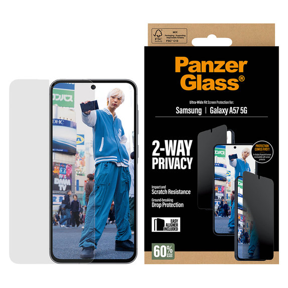 Tvrzené sklo UWF Privacy s aplikátorem pro Samsung Galaxy A57, Čirá, PanzerGlass