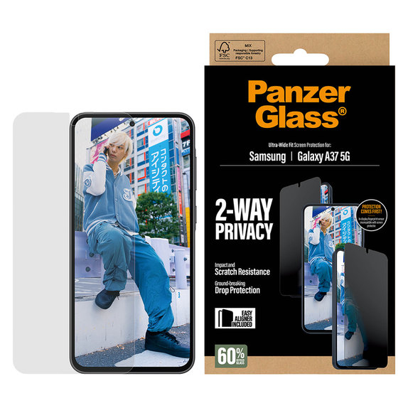 Tvrzené sklo UWF Privacy s aplikátorem pro Samsung Galaxy A37, Čirá, PanzerGlass