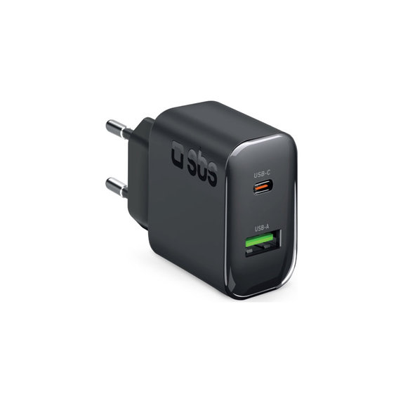 Cestovní adaptér USB-A/USB-C, GaN, 65 W PD, černá, SBS