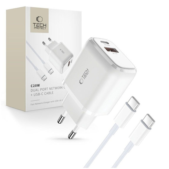 Síťová nabíječka C20W 2-PORT PD 20W / QC3.0 + USB-C Cable, bílá, Tech-Protect