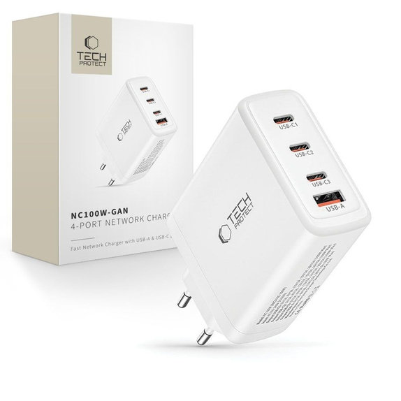 Síťová nabíječka NC100W-GAN 4-PORT PD 100W / QC3.0, bílá, Tech-Protect