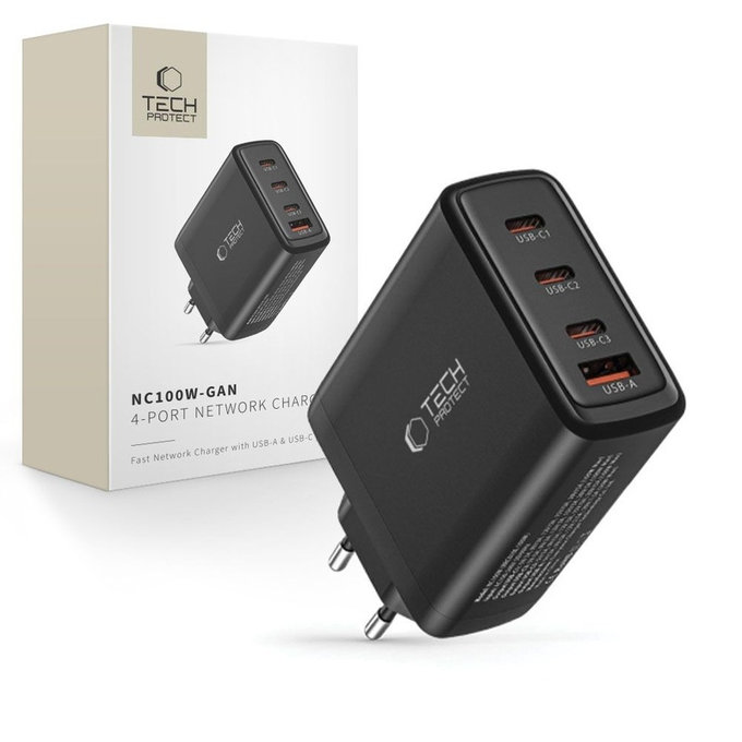 Síťová nabíječka NC100W-GAN 4-PORT PD 100W / QC3.0, černá, Tech-Protect