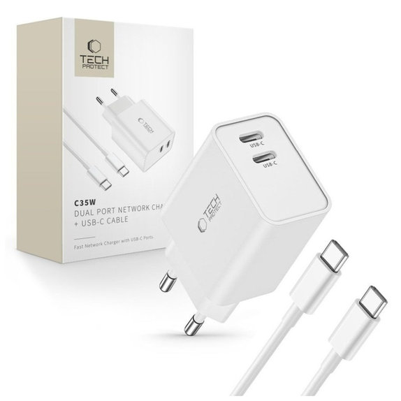 Síťová nabíječka C35W 2-PORT PD 35W + USB-C Cable, bílá, Tech-Protect