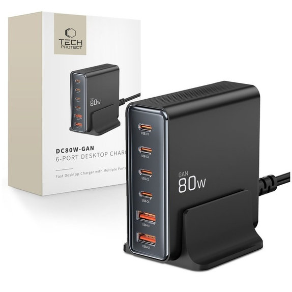 Síťová nabíječka DC80W-GAN 6-PORT PD 80W / QC3.0, černá, Tech-Protect