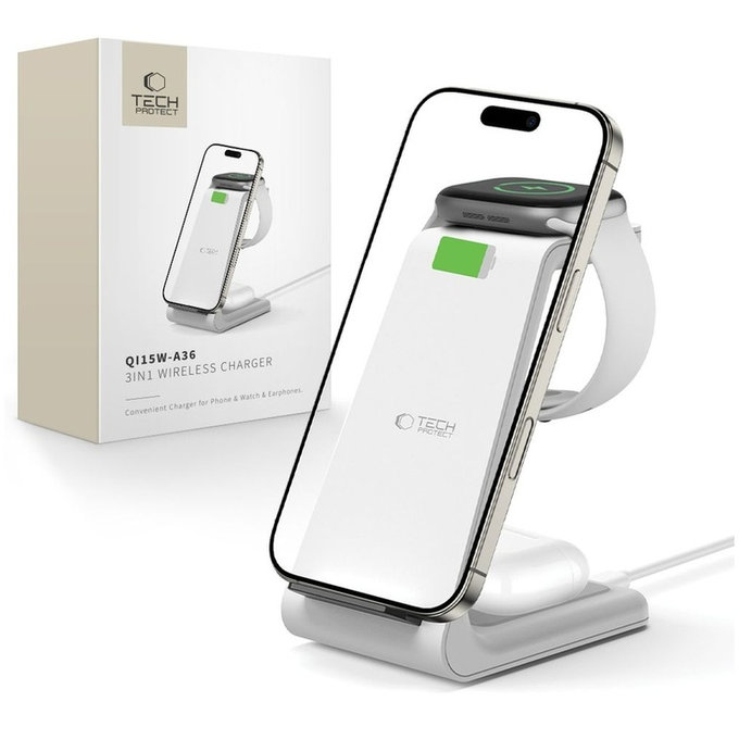 Bezdrátová nabíječka QI15W-A36 3IN1 for Apple, bílá, Tech-Protect