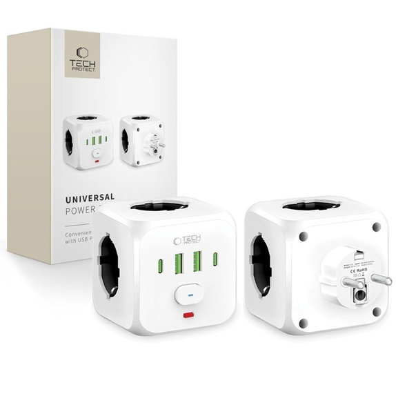 Síťová nabíječka PCL3X4 Power Socket 2 USB & 2 USB-C & 3 Socket, bílá, Tech-Protect